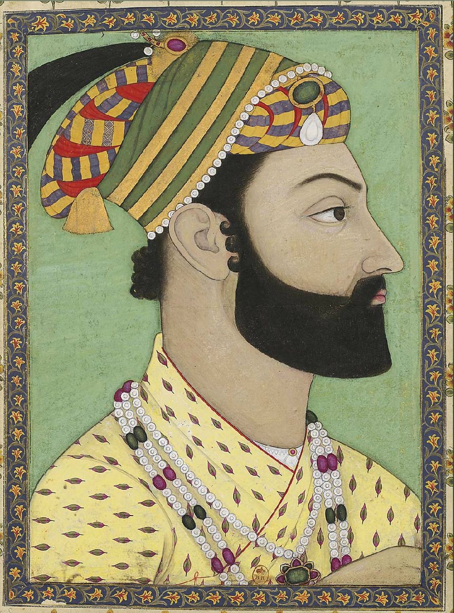 Mughal miniature portrait of Ahmad Shah Durrani in profile, black-bearded, in a striped turban with a jewelled aigrette and a yellow patterned robe with strings of pearls, inside a floral border.