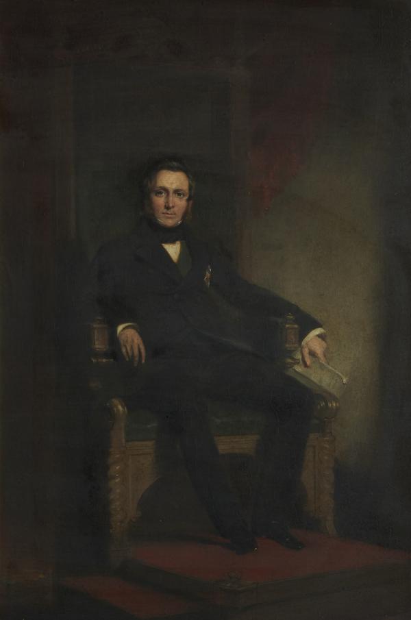 An oil portrait of a pale man with dark hair in a black frock coat, seated in a carved chair against a dark background