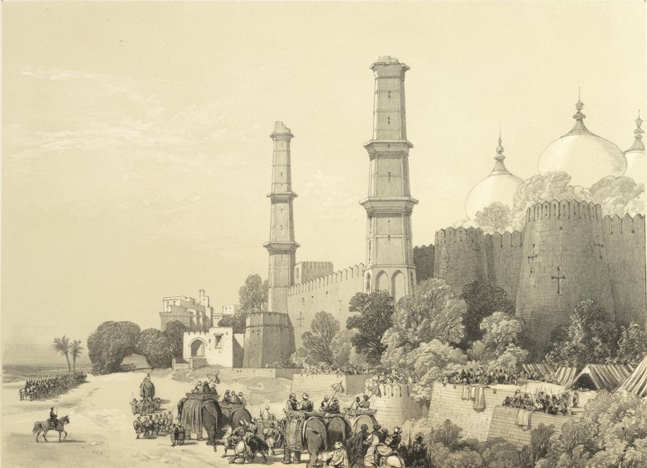 A lithograph of the minarets and domes of a great mosque beside the high walls of a fort, with a procession of elephants and horsemen on the open ground in front