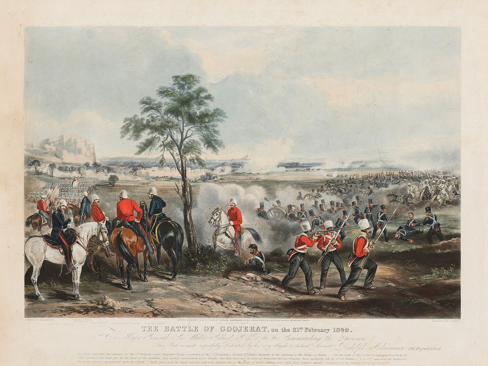A hand-coloured print of British officers on horseback and redcoat infantry in the foreground, with smoke from a long line of guns across a flat plain behind them