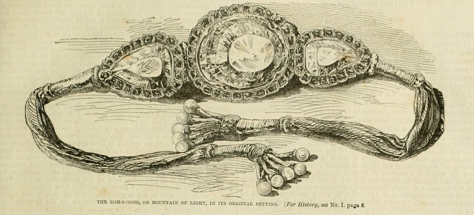 An engraving of an armlet: a large oval diamond in an ornate setting between two smaller stones, with long braided cords and tassels