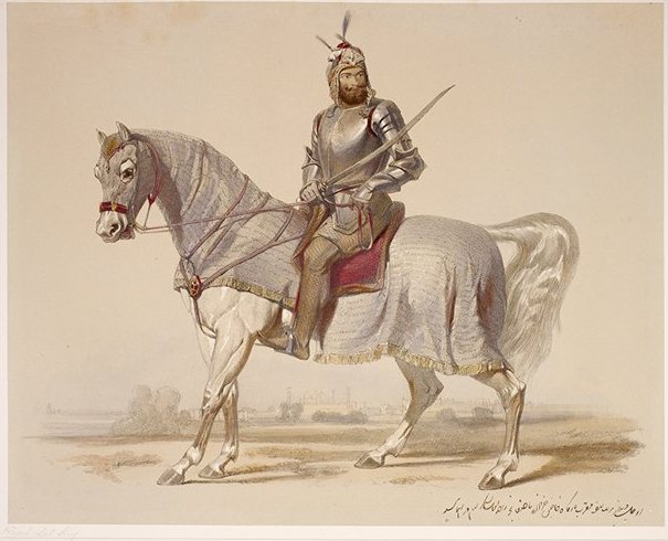 A lithograph of a bearded man in a plumed helmet and full armour, a sword raised in his right hand, on a grey horse in a mail coat, with a line of Persian script below
