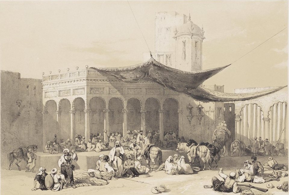 A lithograph of a pillared pavilion under a sagging awning, with dozens of soldiers seated and standing on the ground in front of it, horses among them