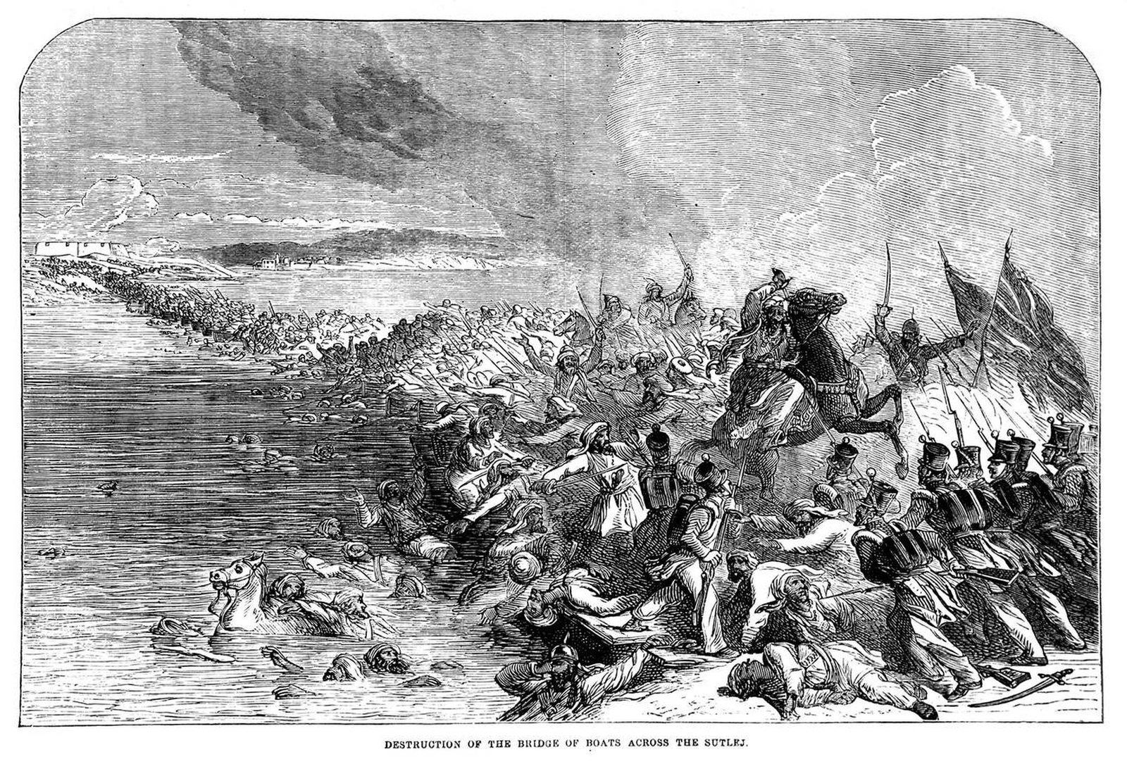 An engraving of a crowded river bank: soldiers and horses pour off a collapsing bridge of boats into the water while infantry with bayonets press in from the right