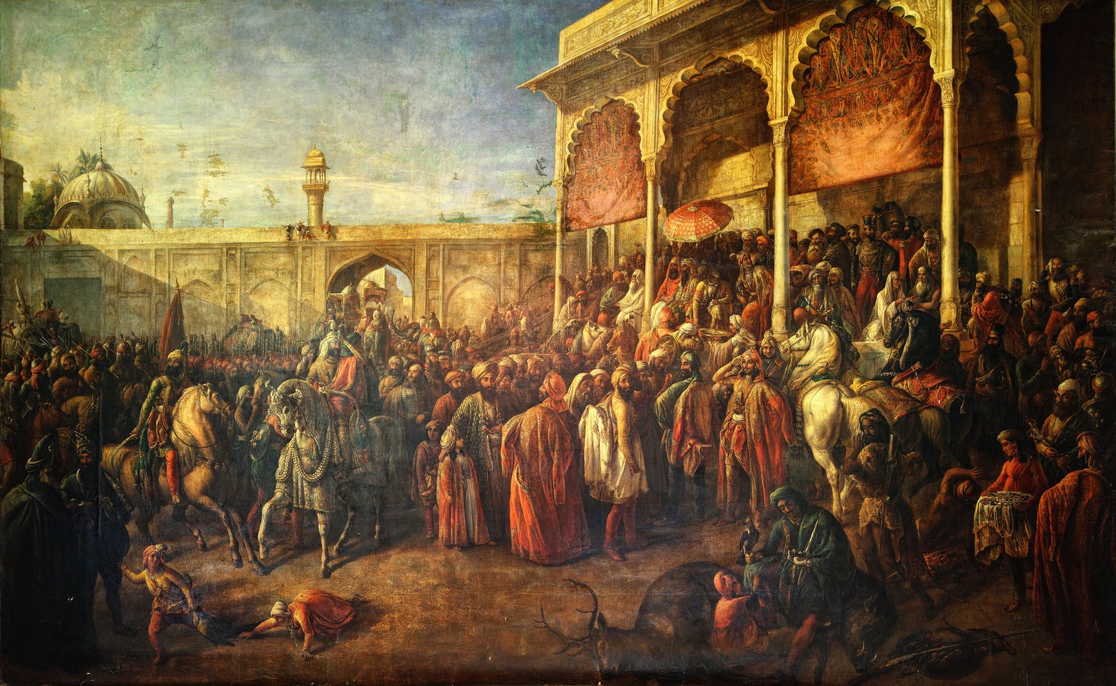 Large oil painting of a crowded royal court at the Lahore Fort: nobles in red, saffron and white robes, on horseback and on foot, before an arcaded pavilion, with a domed building and a minaret behind.