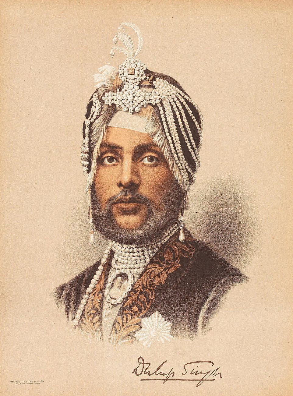 Chromolithograph of the young Maharaja Duleep Singh, seated in court dress with jewels and an aigrette.