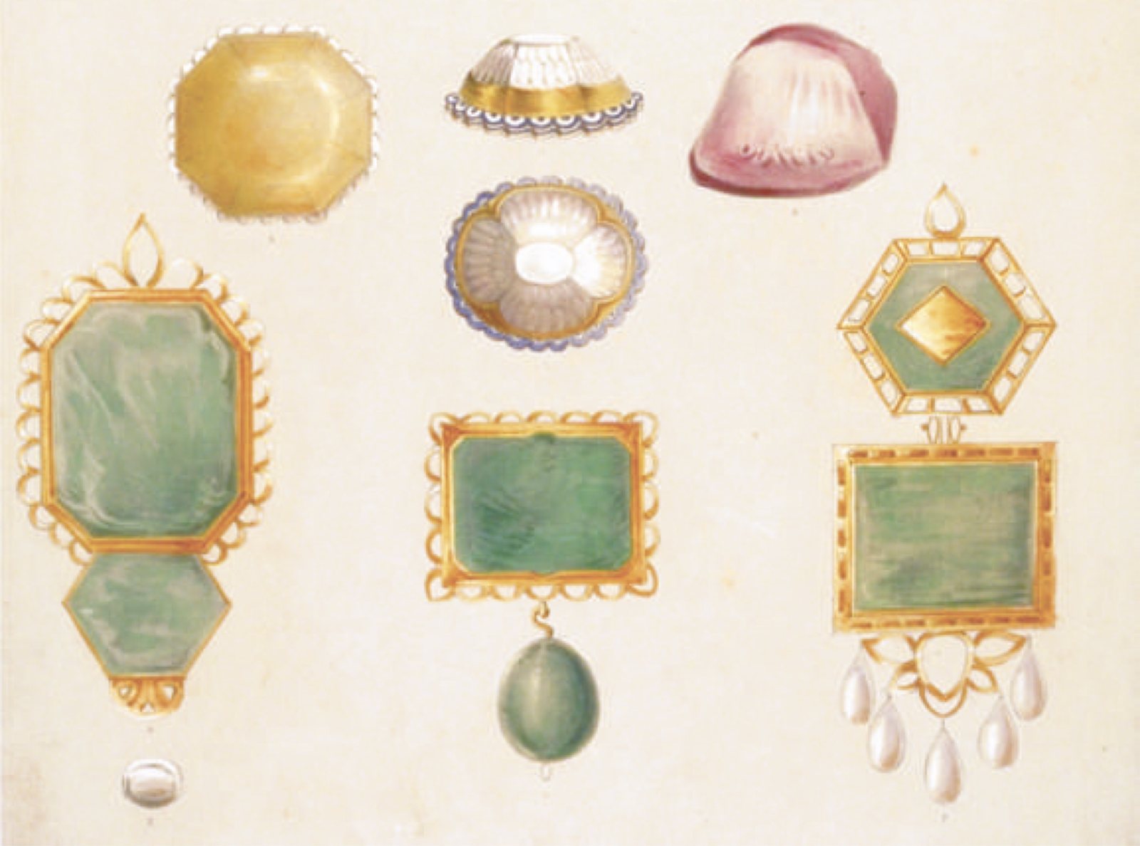 Hand-coloured lithograph of jewels on a cream ground: large emeralds in gold settings with pearl drops, a yellow octagonal stone, a pink engraved stone and a domed white gem.