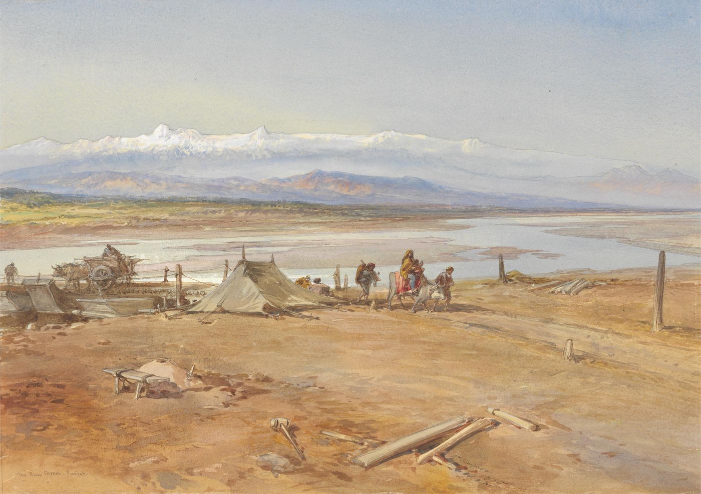 A watercolour of a wide, braided river on a dry plain, with a long range of snow peaks on the horizon; on the near bank stand an ox cart, a tent and travellers with horses.