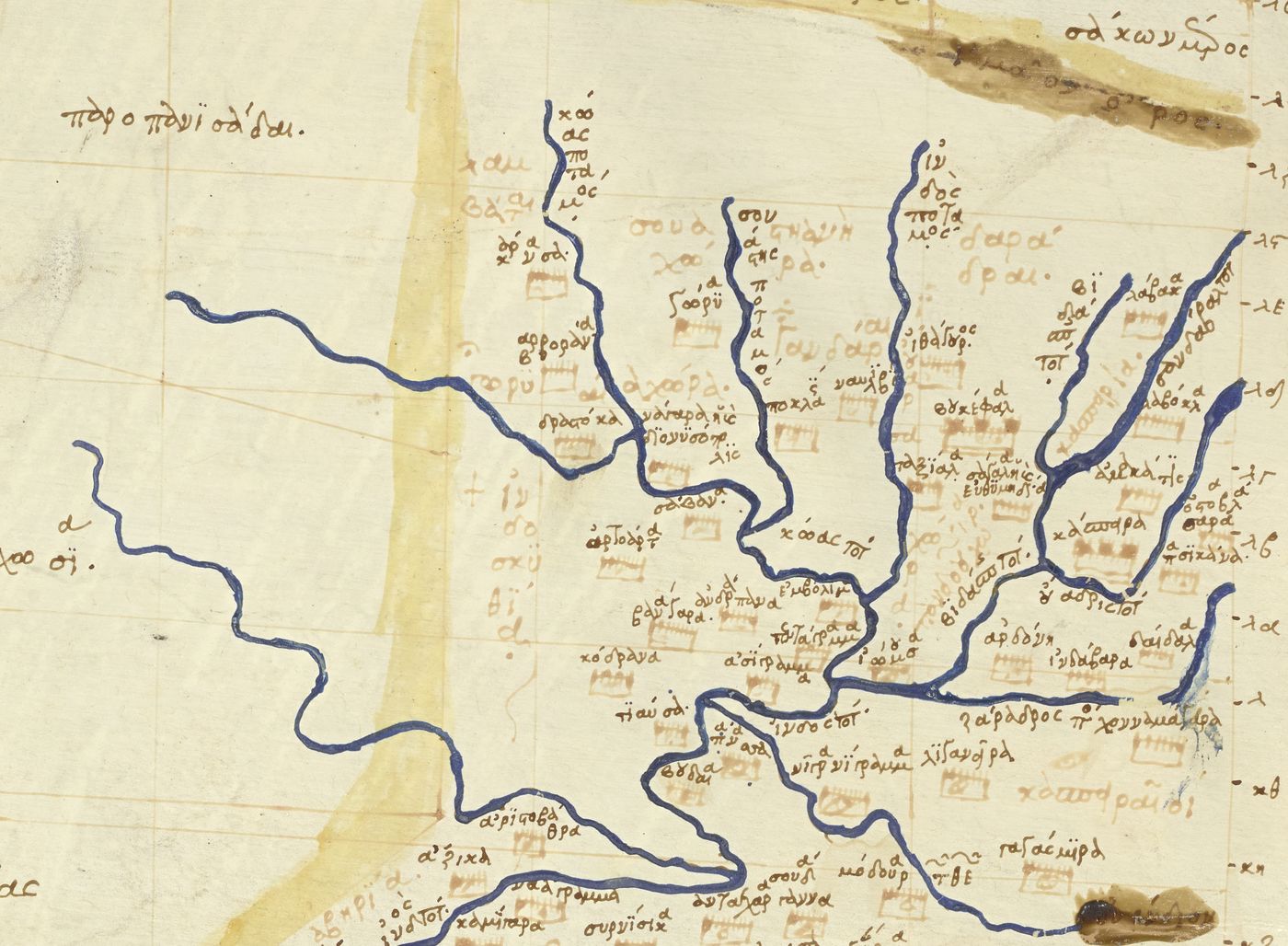 A detail of an old manuscript map in brown ink on cream paper: blue rivers wind in from the top, the left and the right and run together, with Greek names and small red town symbols written all around them.