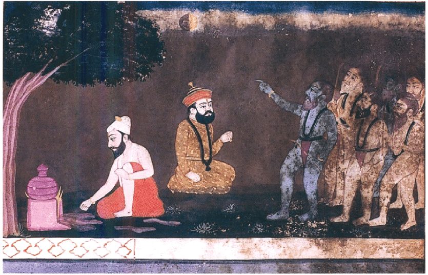 A Janamsakhi painting showing Guru Nanak seated, with companions, in flat devotional style.