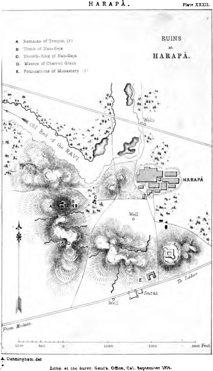 A black and white survey plan of mounds and ruins, with a wavy line, labelled as the old bed of the Ravi, curving past them.