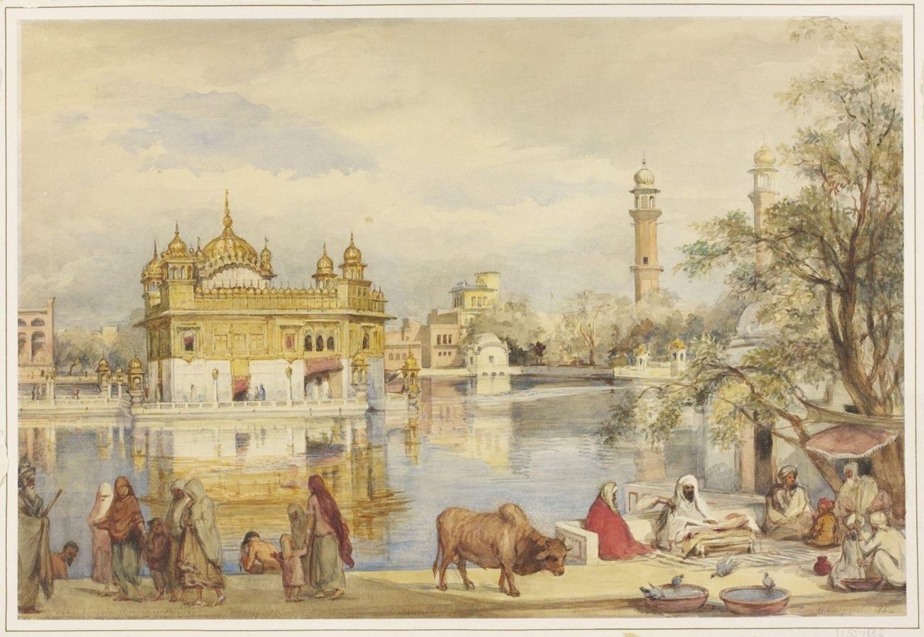 A 19th-century watercolour of the Harmandir Sahib (Golden Temple) at Amritsar, its gilded shrine reflected in the surrounding sacred pool.
