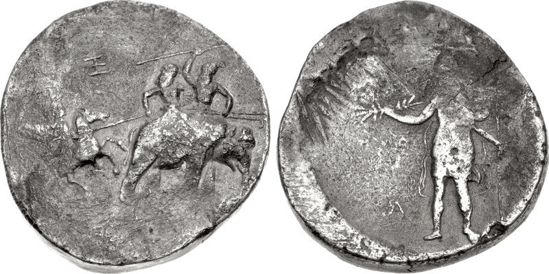 Silver coin, both faces: a horseman with a long lance attacking an elephant that carries two riders, and a standing figure holding a thunderbolt
