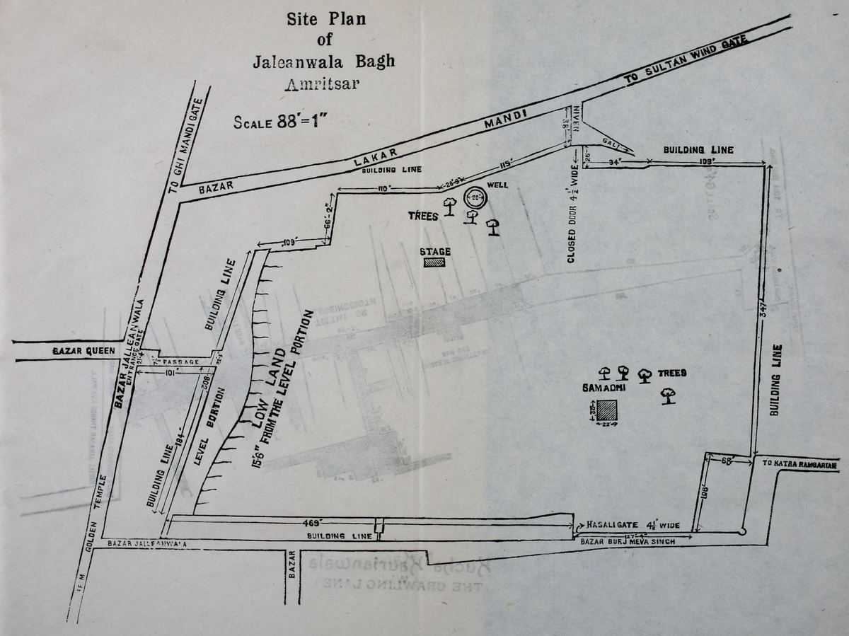 A hand-drawn plan of an irregular walled ground with lanes around it, marking a passage at the left, a strip of low land, a well and trees near the top, a stage in the middle, a samadh at the lower right and narrow gates