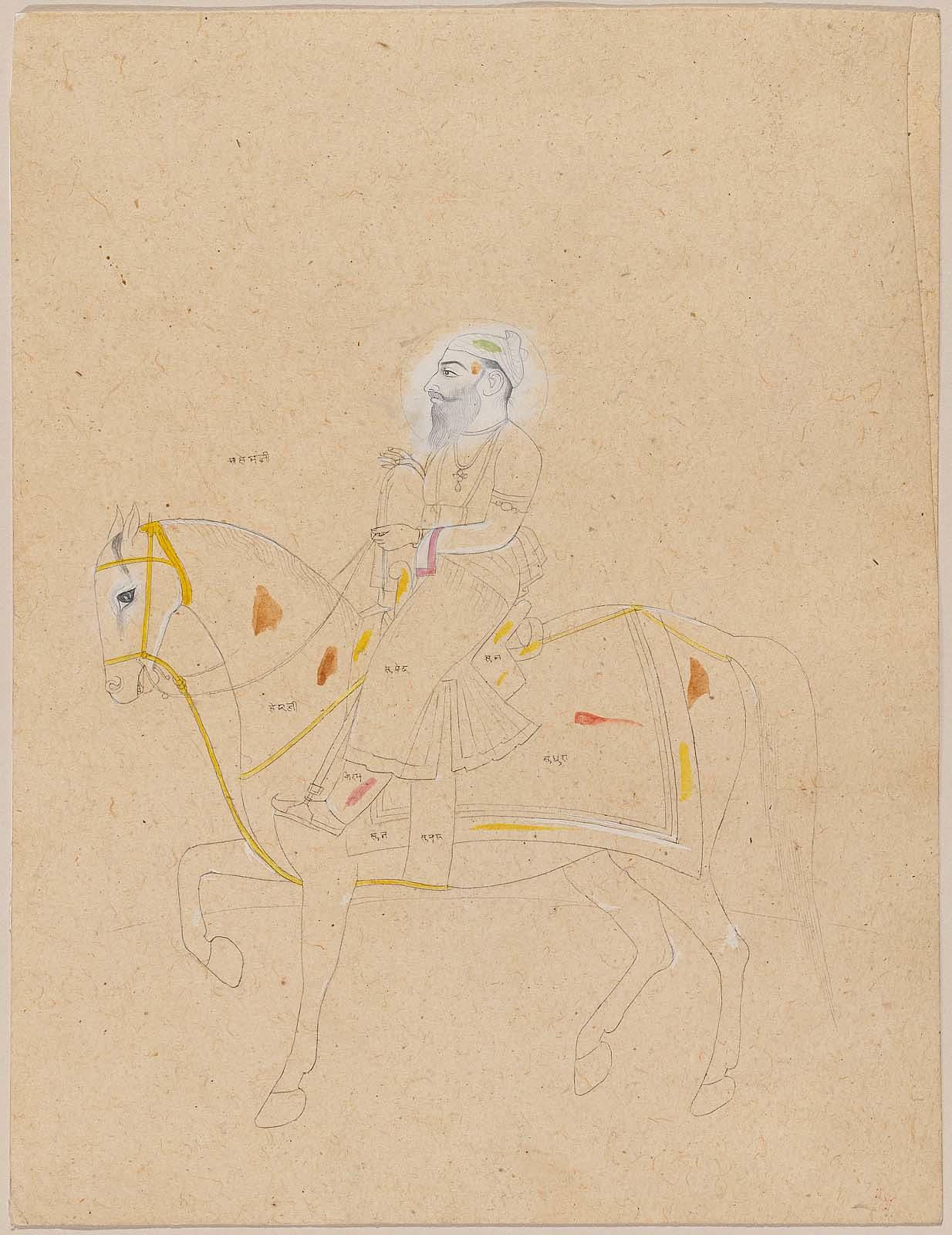 Painting of Jassa Singh Ahluwalia on horseback, attended by a fly-whisk bearer.