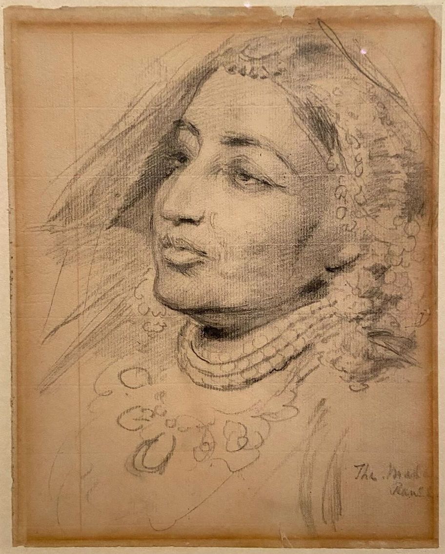 Pencil study on aged paper of Maharani Jind Kaur, her face turned to the left, wearing strands of pearls and a veil.