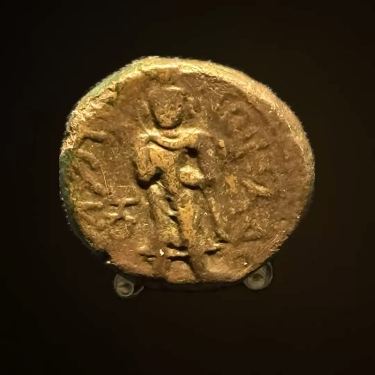 A worn gold coin in a museum case, showing a standing robed figure with a halo and one hand raised, with Greek letters around the edge