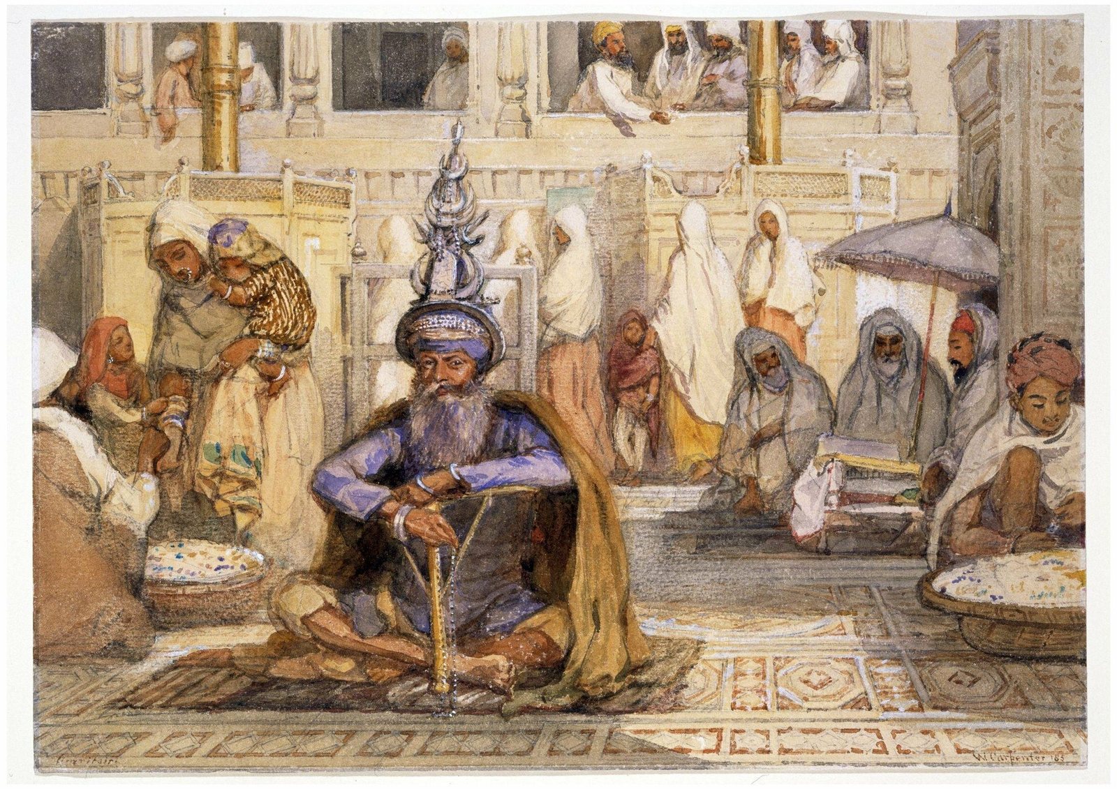 A watercolour of an old Akali Sikh with a long grey beard, in a dark blue robe and a tall turban ringed with steel quoits, seated cross-legged on a patterned pavement among pilgrims and vendors