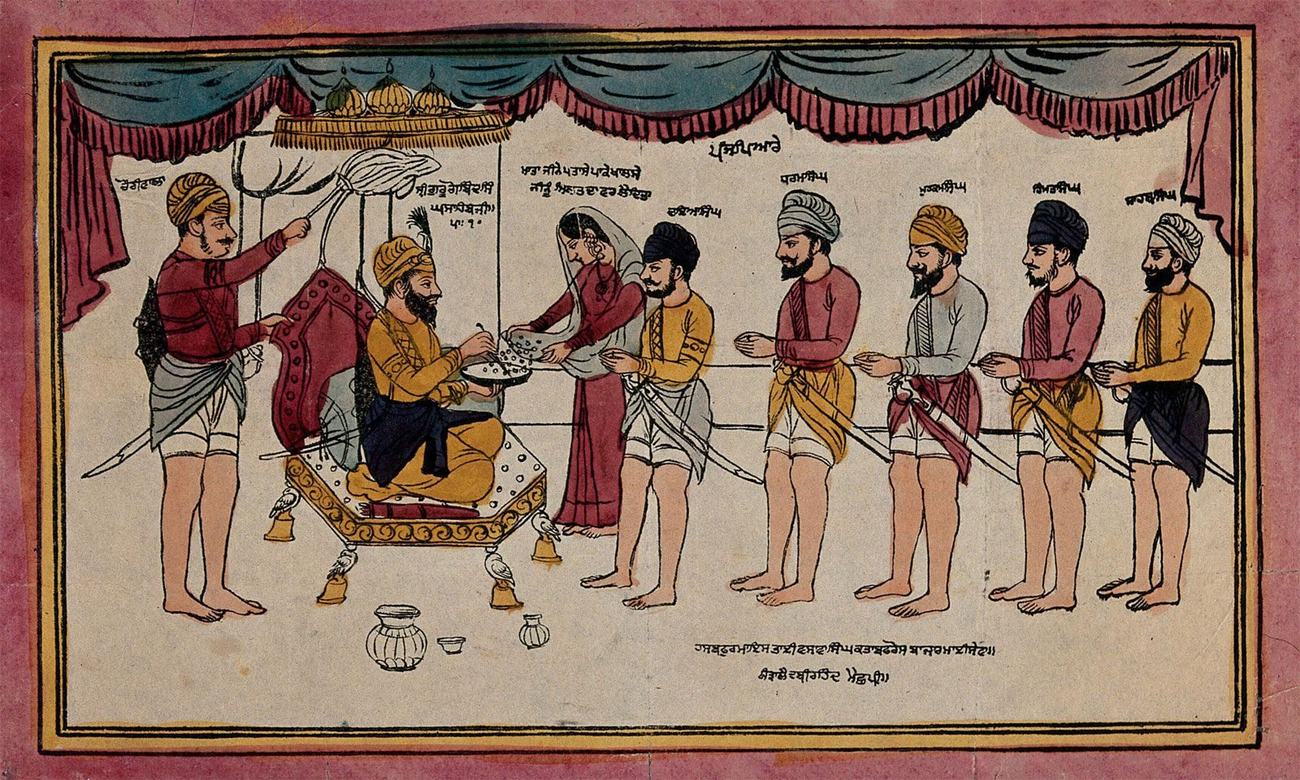 Lithograph of Guru Gobind Singh seated, stirring amrit with a double-edged sword before the five kneeling volunteers.
