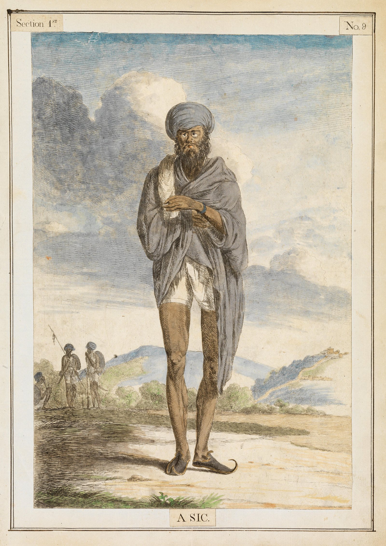 A hand-coloured etching of a tall bearded man in a grey-blue turban and wrap, with a bracelet on his wrist and short white breeches, standing in a landscape with armed figures behind him