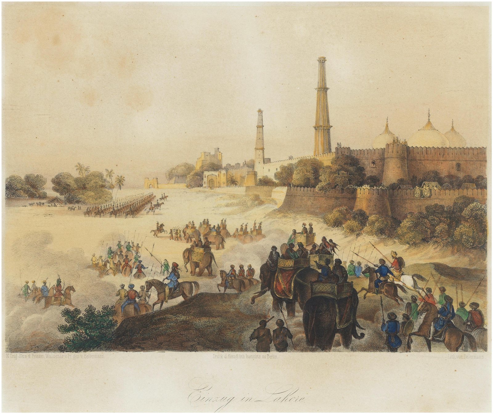 Coloured lithograph: horsemen, elephants with howdahs and columns of troops advance across open ground towards the high walls of Lahore, with the domes and tall minarets of the Badshahi Mosque rising behind the fortifications.