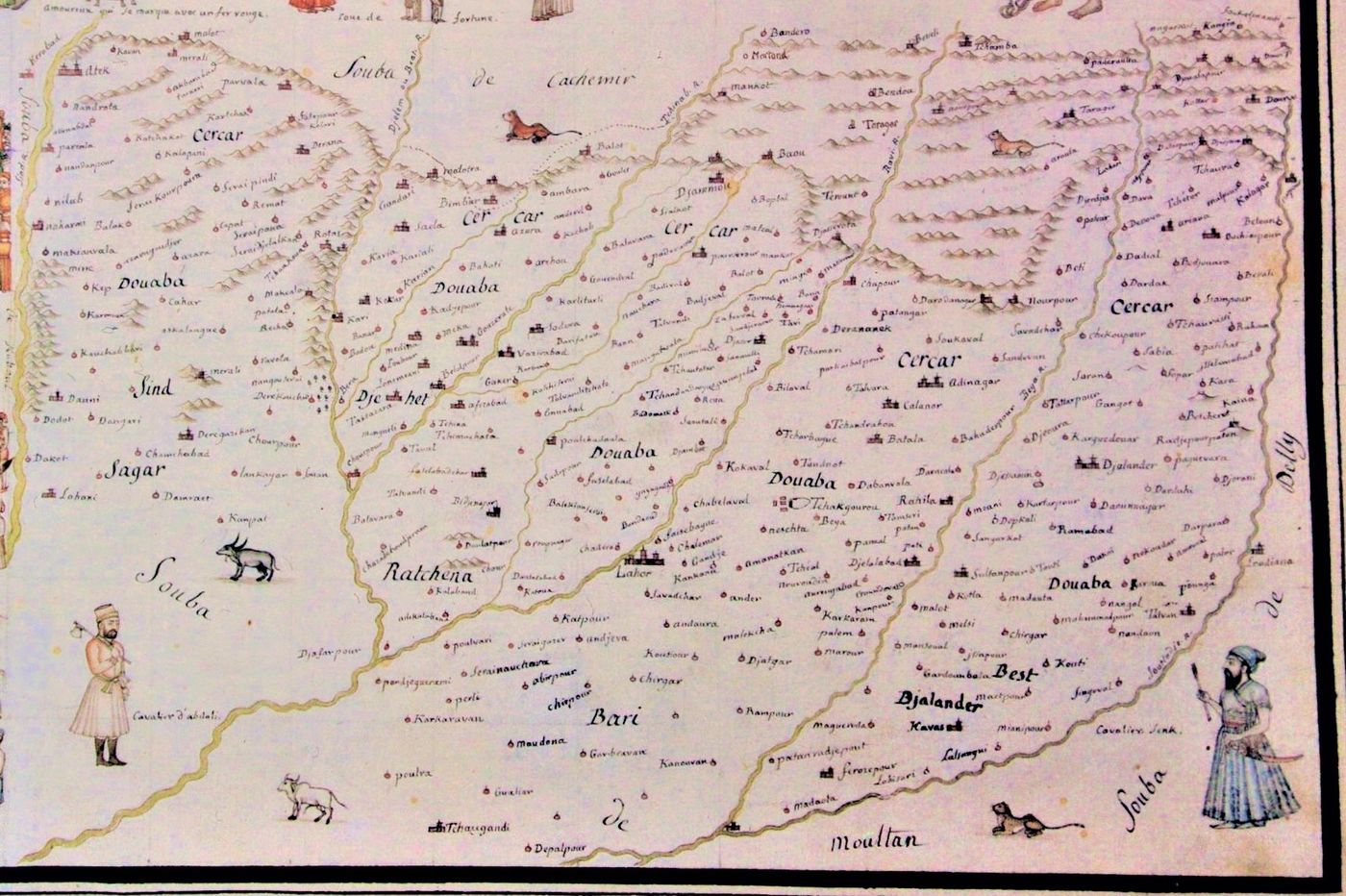 A hand-painted map on cream paper: thin yellow rivers run down from hills across a plain dotted with red town symbols and French place names, with the word Douaba written between the rivers and small painted figures of turbaned men and animals.