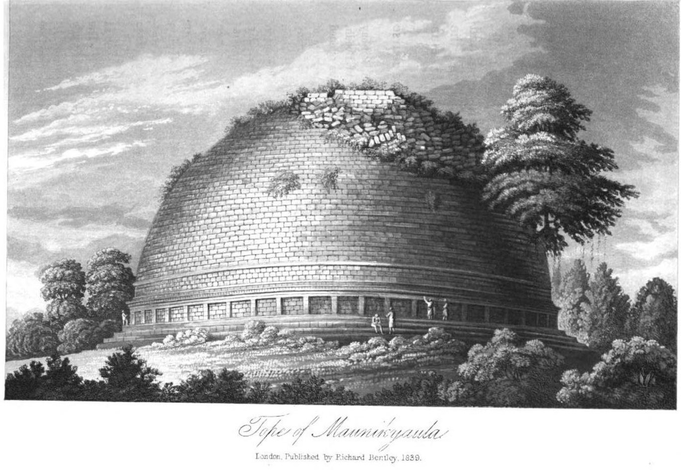 An engraving of a huge, partly ruined masonry dome on a moulded base, with bushes growing from its broken top, trees beside it and small figures standing at its foot