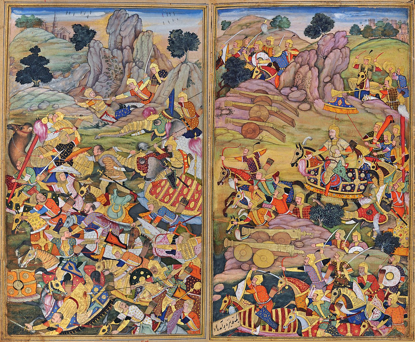 Mughal miniature of the First Battle of Panipat, showing Babur's artillery and cavalry engaging the Lodi army.