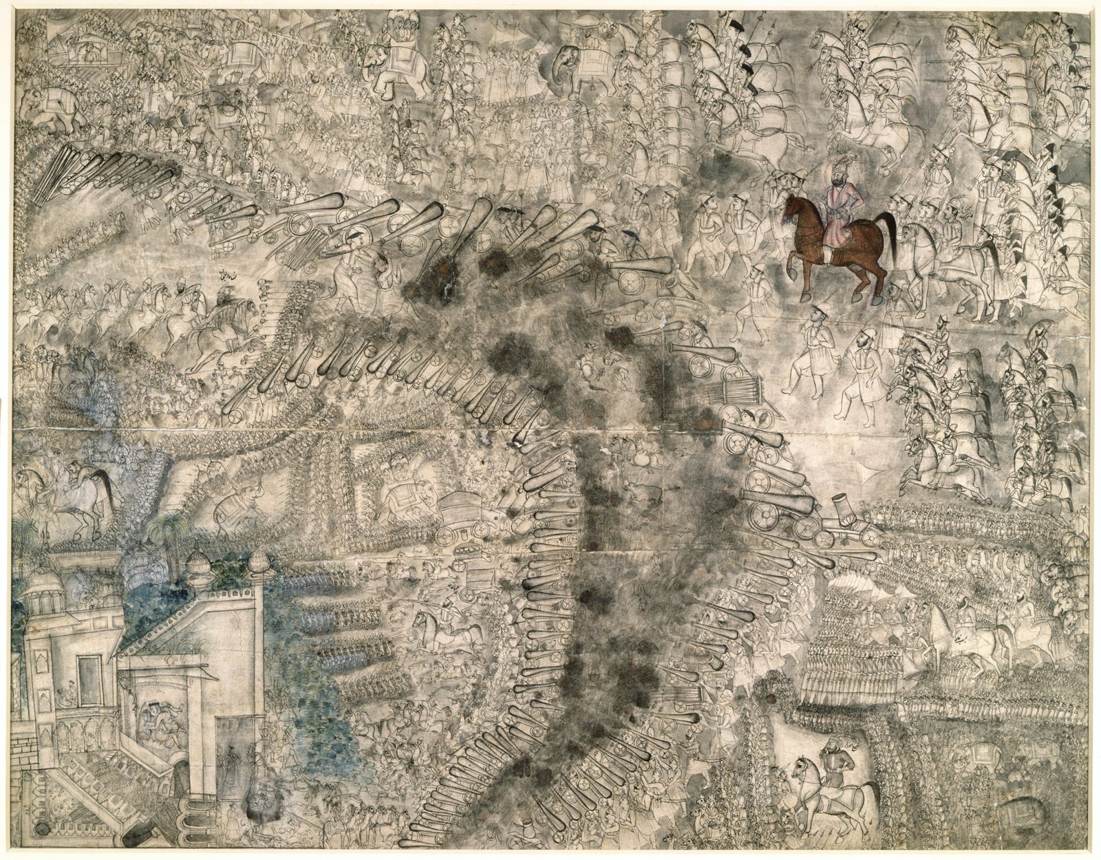 A crowded ink drawing of the Third Battle of Panipat: two long curved lines of cannon fire into a band of dark smoke across the centre, with ranks of cavalry, elephants and infantry on either side and a rider on a brown horse at upper right.