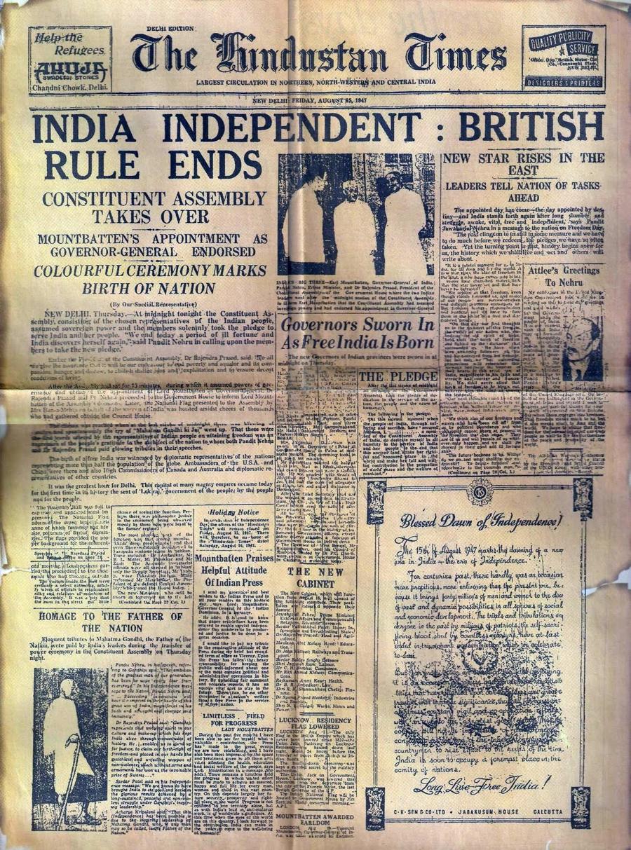 The front page of The Hindustan Times with the headline India independent: British rule ends