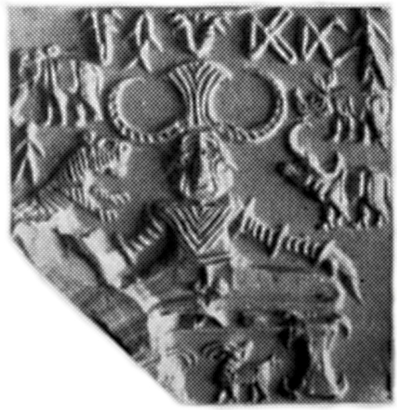 A black-and-white impression of a square seal: a seated figure with a large horned headdress, surrounded by animals, beneath a row of signs