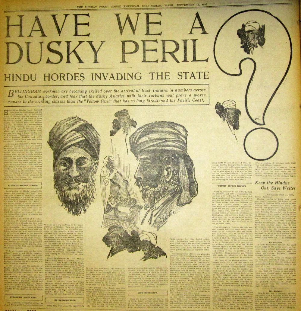A yellowed newspaper page headed "Have we a dusky peril? Hindu hordes invading the state", with large drawings of turbaned, bearded men, a small snake charmer with a cobra between them, and a giant question mark holding more turbaned heads.