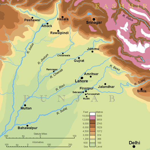 A topographic map of the Punjab region: its rivers thread the plain between the higher ground to the north and the drier tracts to the south.