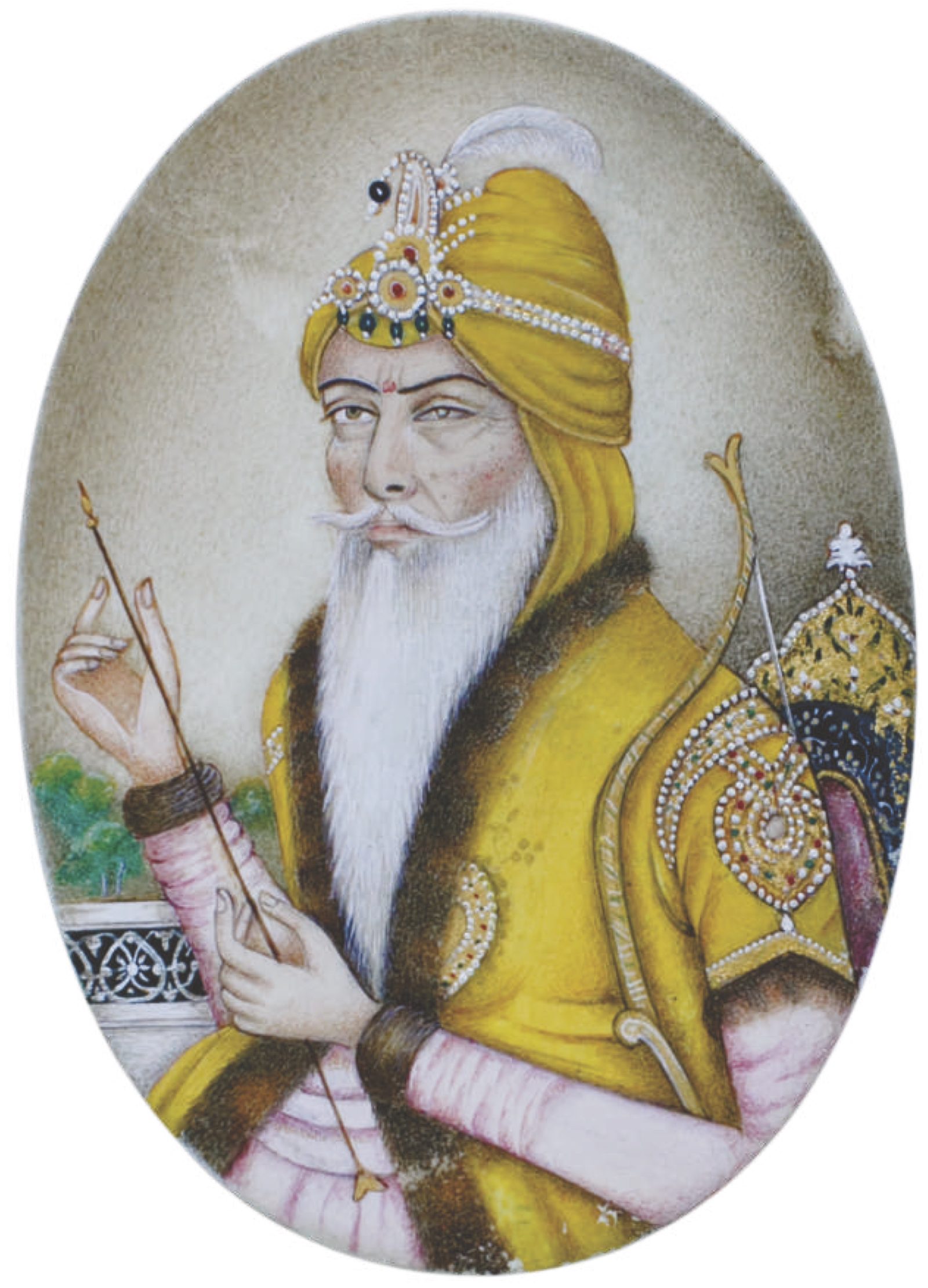 Miniature portrait of Maharaja Ranjit Singh painted on ivory, seated in a yellow robe and turban, holding an arrow.