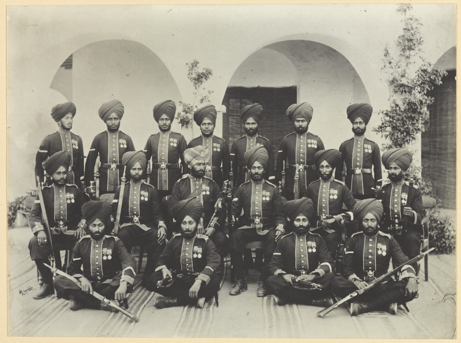 Group photograph of Sikh soldiers of the 36th Sikhs regiment, taken in 1897.