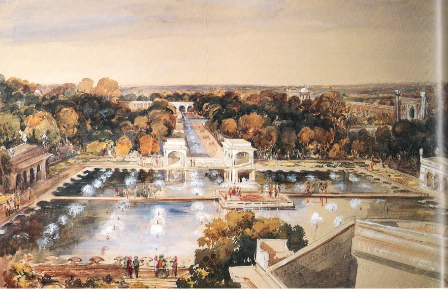 An 1860 watercolour of the terraced Shalimar Gardens at Lahore, with pavilions and water channels.