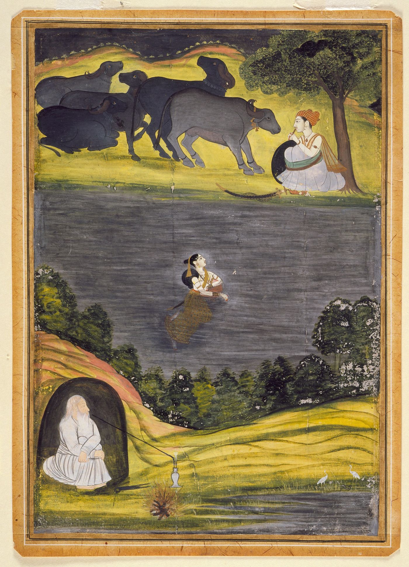 A painting in three bands: at the top a man sits with a herd of black buffaloes under a tree; in the middle a woman swims across a dark river holding a round pot; at the bottom an old hermit sits in a cave.