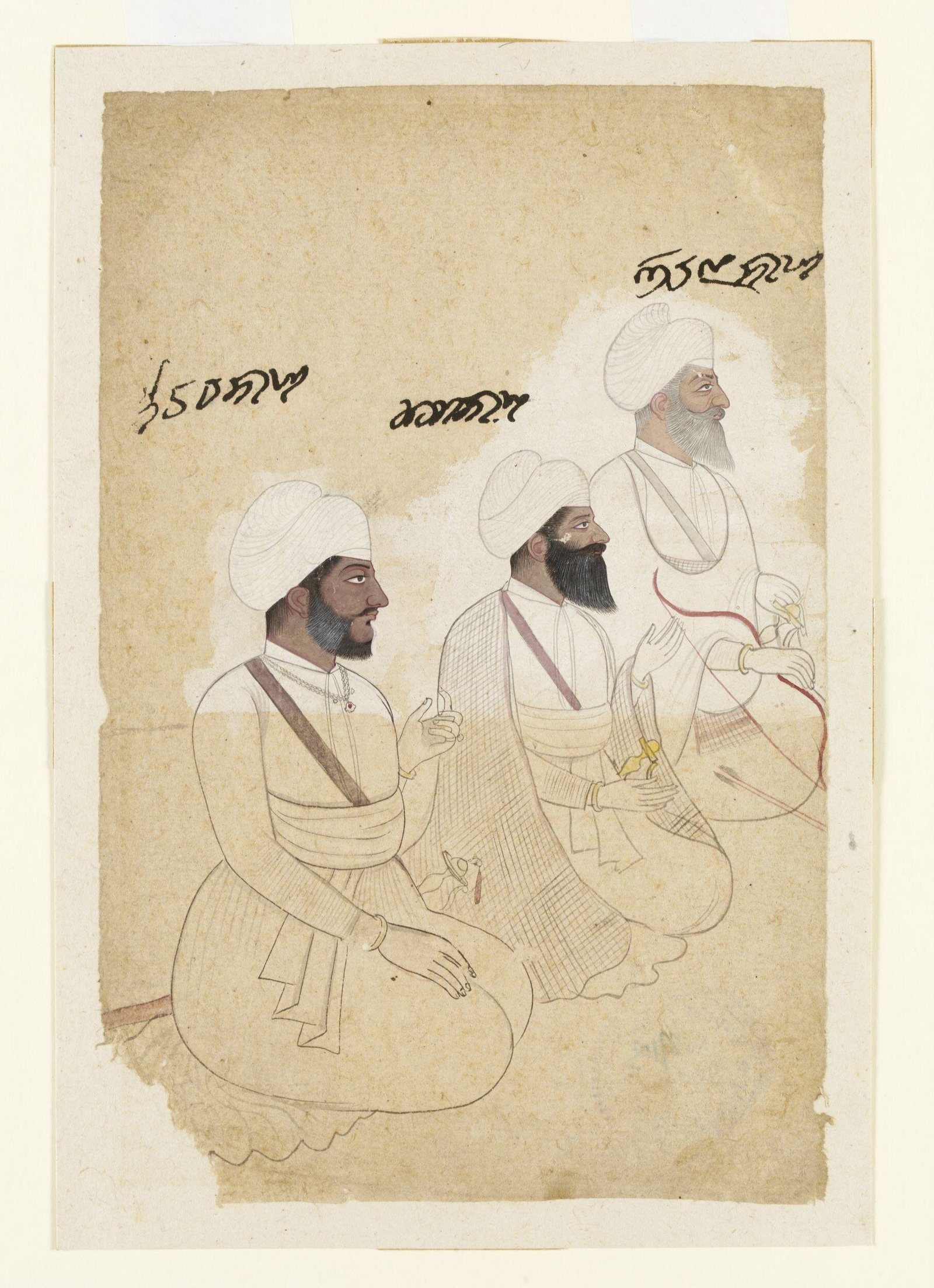 Ink and watercolour painting of three bearded Sikh chiefs in white turbans and white robes, seated in a row facing right, two with shawls, the eldest holding a bow, each named above in Gurmukhi.